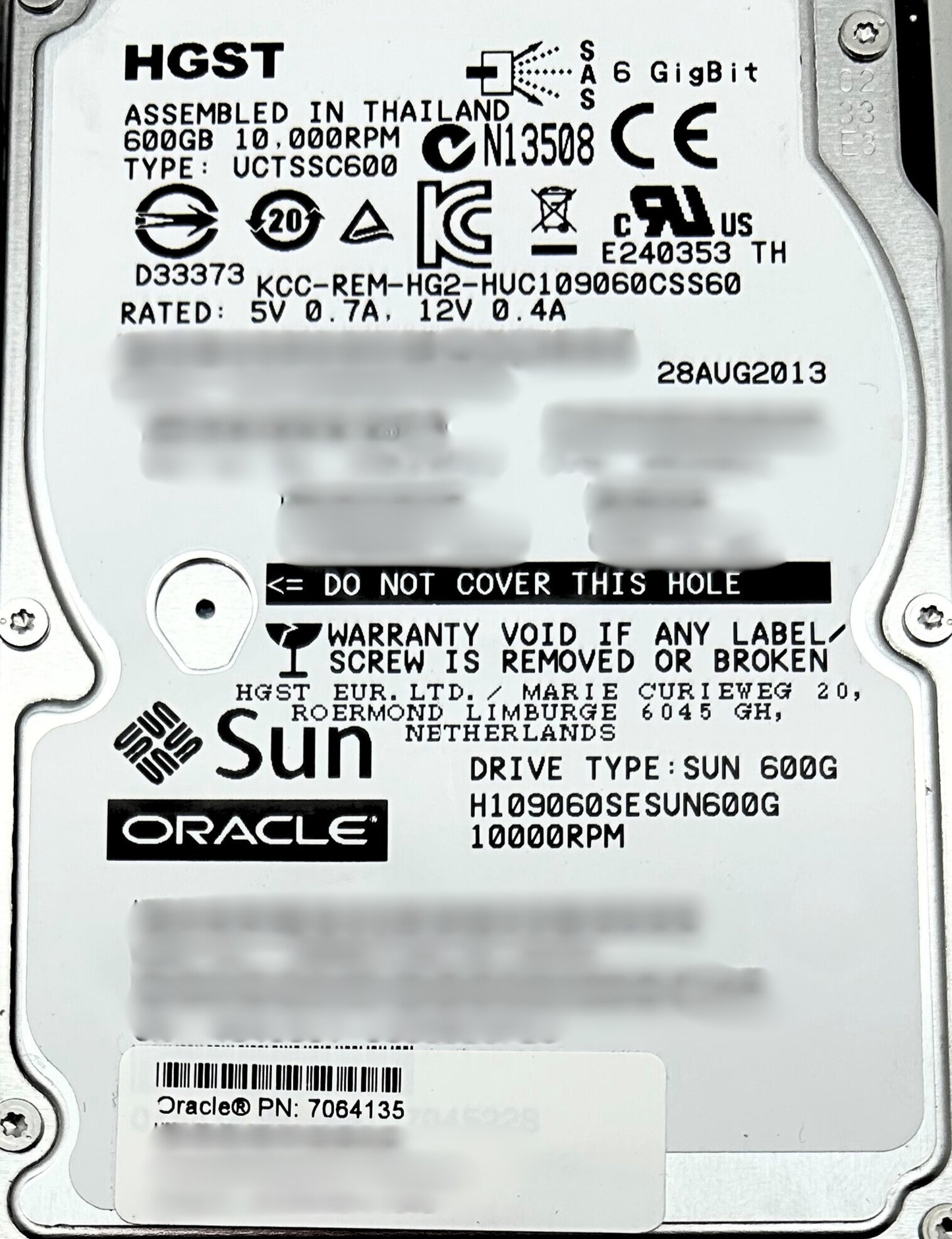 Sun Microsystems 7064135 600GB 10K SAS 2.5 Inch Hard Disk Drive W/ Marlin BKT, Used