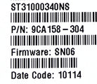 Sun Microsystems ST31000340NS 1TB 3.5IN SATA, Used