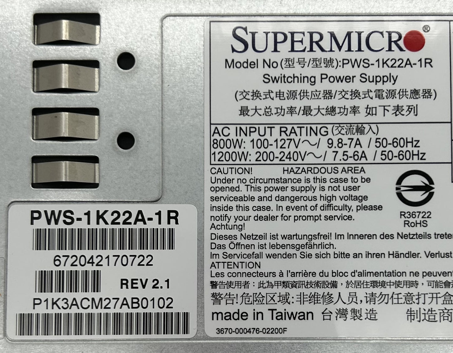 SuperMicro PWS-1K22A-1R 1200W POWER SUPPLY 80+ PLAT, Used