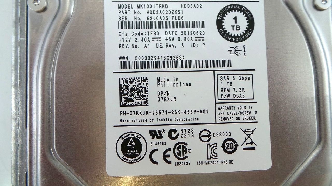 Toshiba HDD3A02DZK51 Toshiba HDD3A02DZK51 1TB 7.2K SAS 3.5 6G Enterprise Plus HDD Dell MK1001TRKB Hard Drive, Used