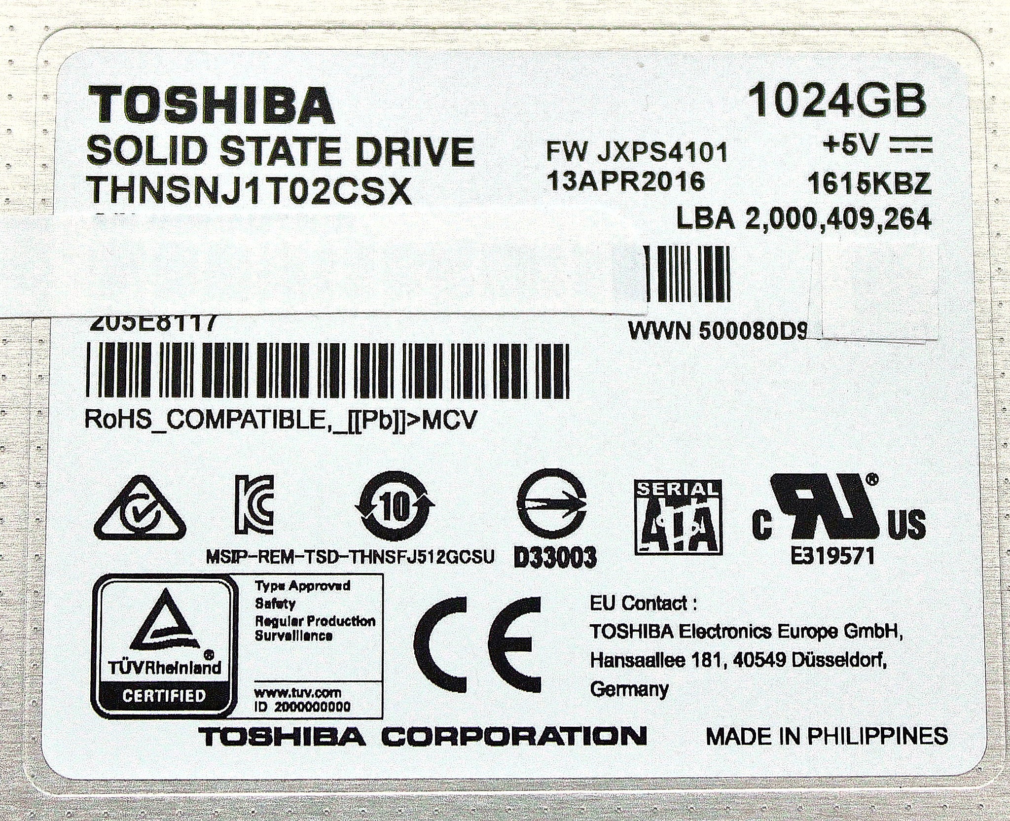Toshiba THNSNJ1T02CSX SSD 256GB SATA 6G 2.5