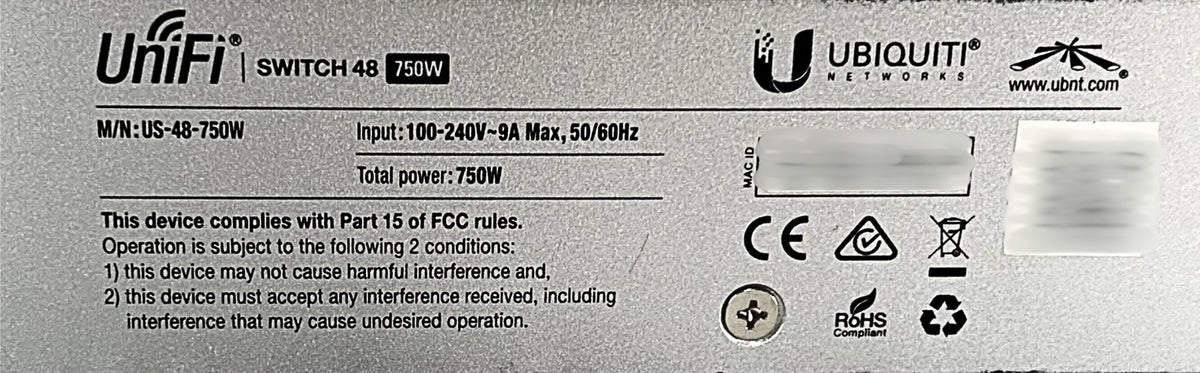 UBIQUITI US-48-750W Ubiquiti UniFiSwitch, 48 Port Managed PoE+ Gigabit Switch, Used