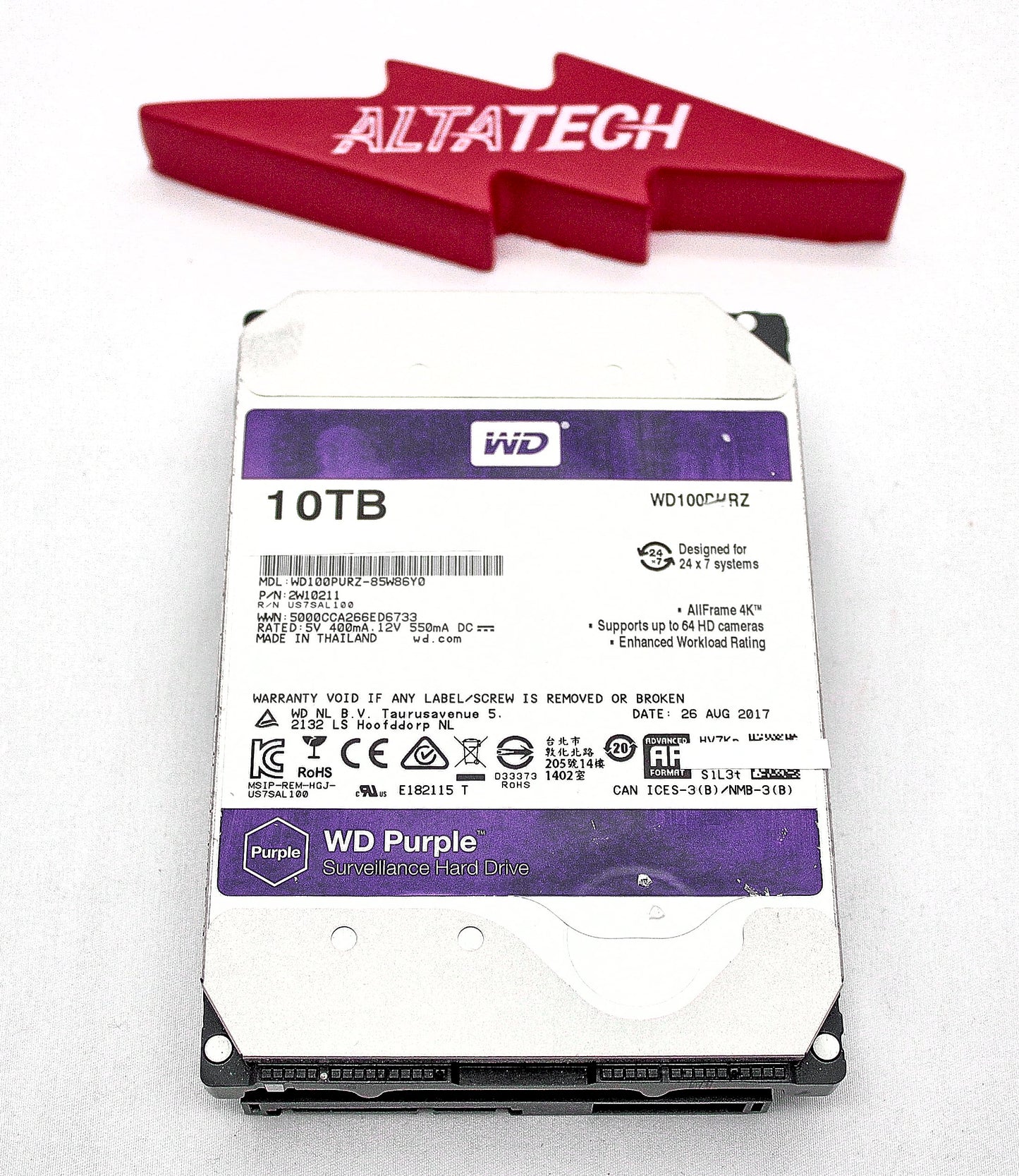 Western Digital WD100PURZ-85W86Y0 10TB 5.4k SATA 3.5" 6G PURPLE SURVEILLANCE WD HARD DRIVE, Used