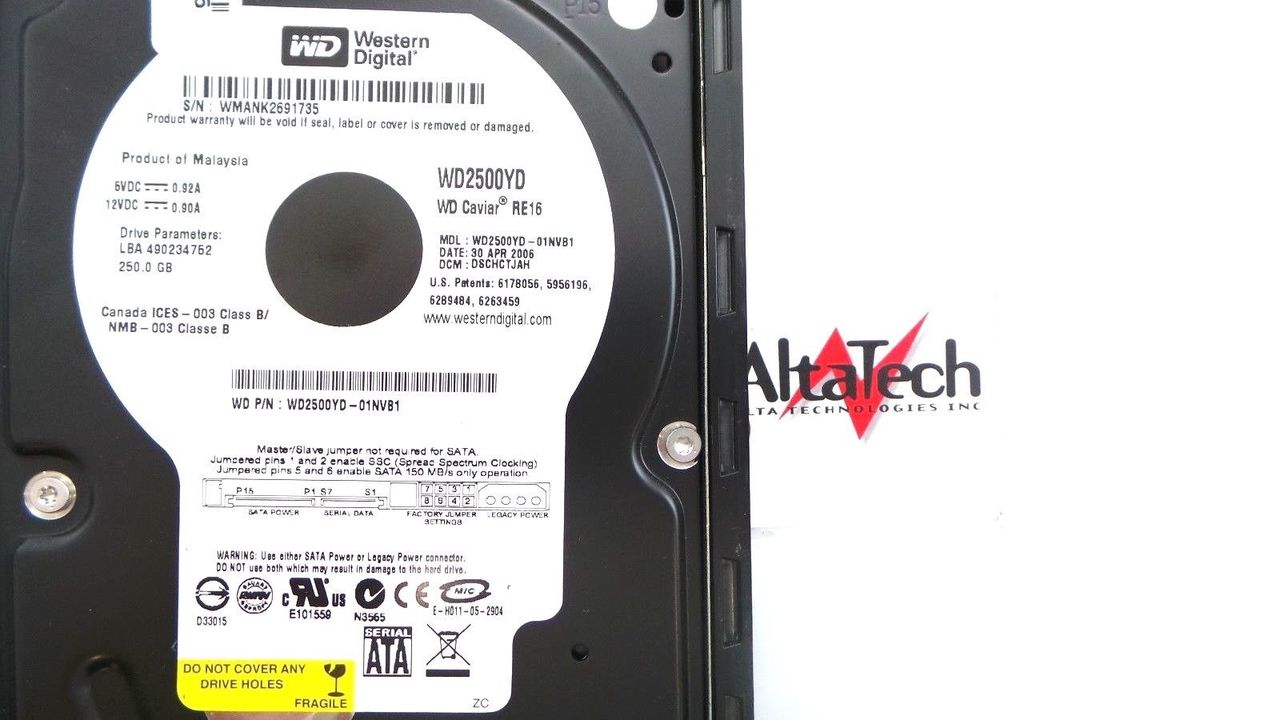 Western Digital WD2500YD 250GB 7.2K SATA 3.5" Hard Drive, Used