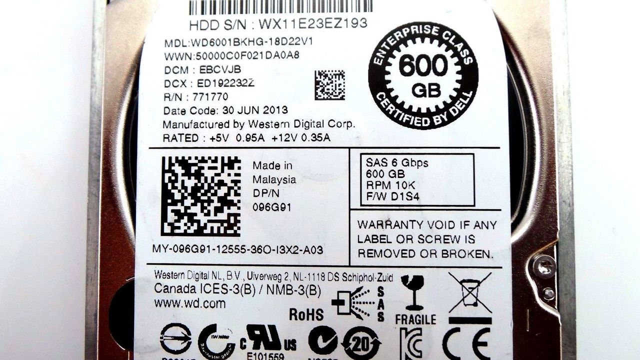 Western Digital WD6001BKHG-18D22V0 Western Digital WD6001BKHG-18D22V0 600GB 10K SAS 2.5" 6G HDD Dell 96G91 Hard Drive, Used