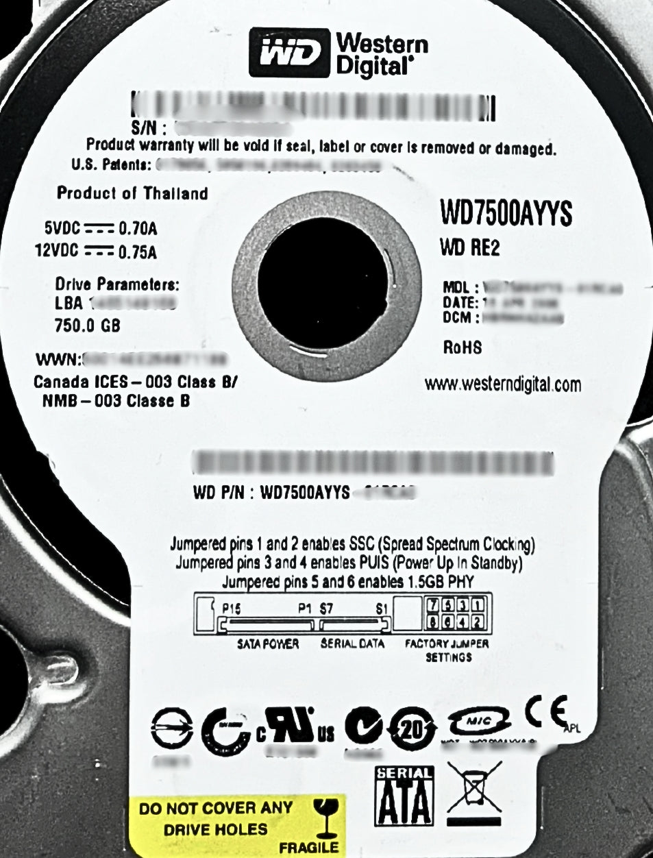 Western Digital WD7500AYYS 750GB 7.2K 3.5" SATA WD HDD, Used