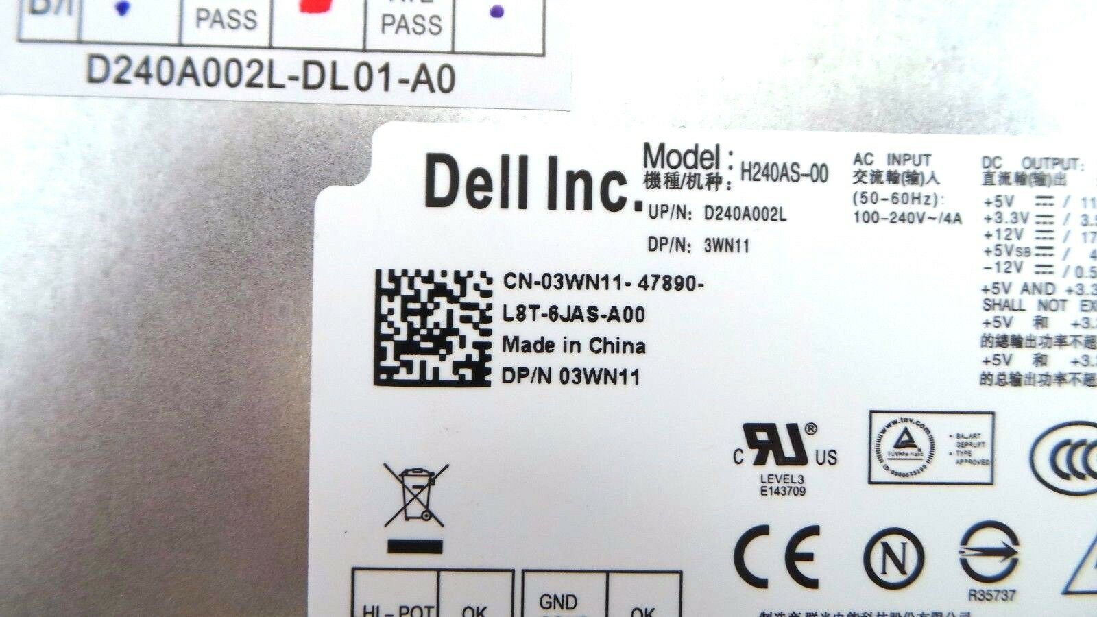 Dell 03WN11 OptiPlex 790 240W Power Supply, Used